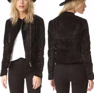 FREE PEOPLE BLACK LACEY VELVET ZIP MOTO JACKET